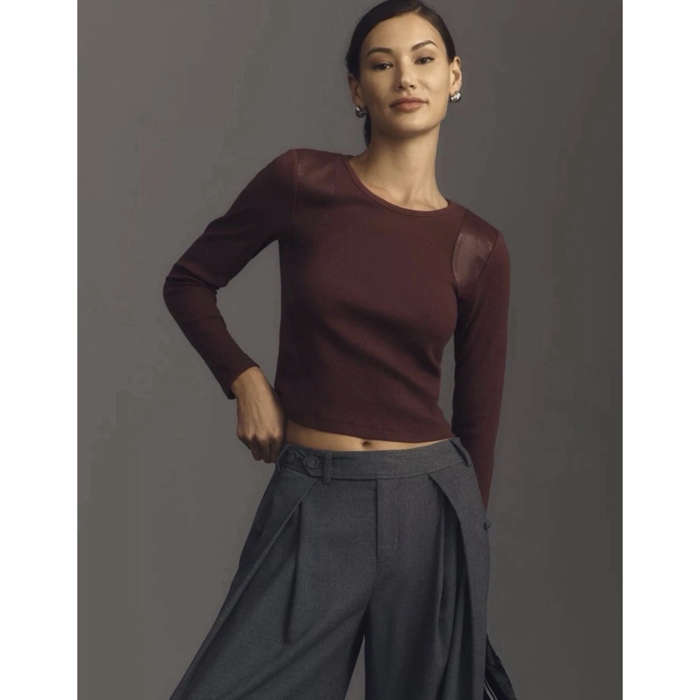 Maeve by Anthropologie Burgundy Faux Leather-Inset Pullover - Size - XS